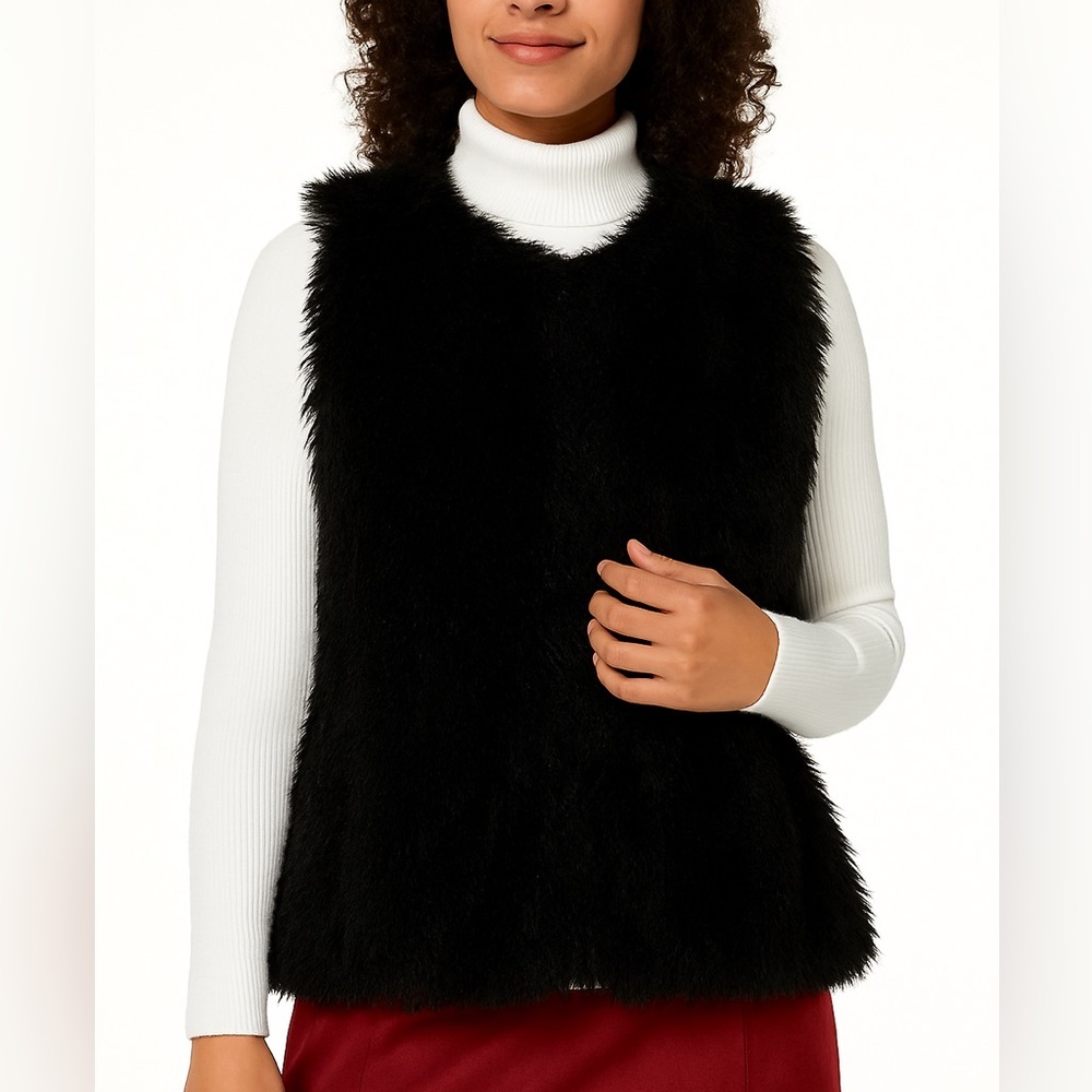Black Faux Fur Shaggy Boho Lined Sleeveless Apres Ski Vest Whimsigoth SZ: S